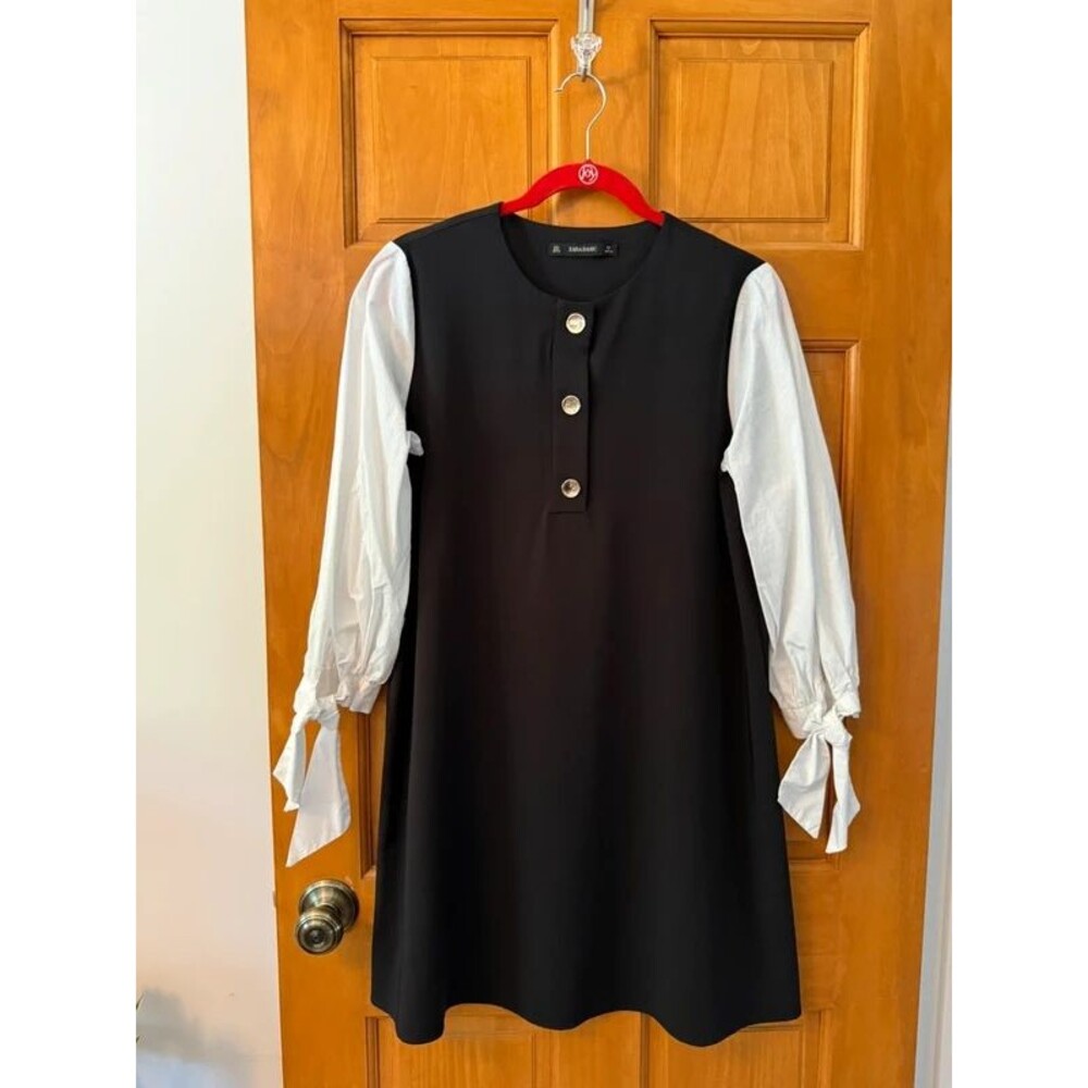 Zara Basic Black Colorblock Shift Mini Dress with White Poplin Tie Sleeves